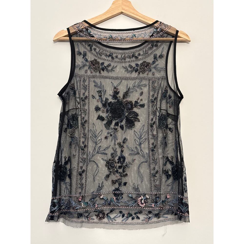 White House Black Market  Mesh Tank Top Women Black Floral Embroidered Sheer - Picture 3 of 5